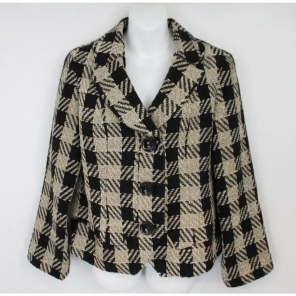 Coldwater Creek Blazer Womens Size 14 Buffalo Check 3-Button Black Tan